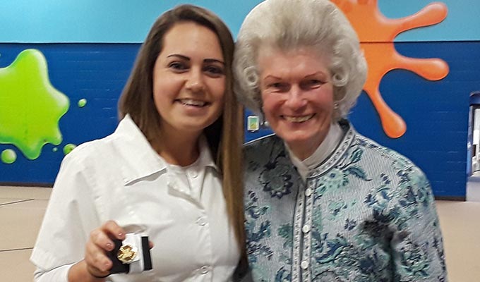 Alumna Rita Devlin O'Brien, '57 presented Brittany Stevens, '19 with her nursing pin prior to this year's Pinning Ceremony.